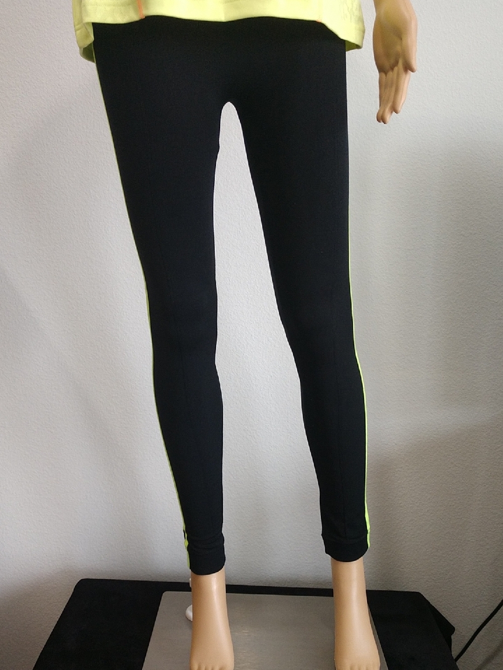 High-Rise Black Leggings with Neon Yellow Side Stripe